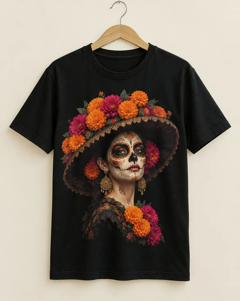 Playera con diseño: Catrina elegante con flores