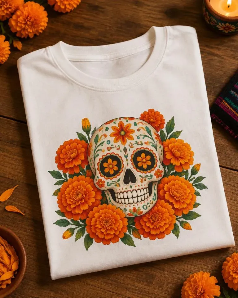 Playera con diseño: Calaverita con cempasúchil