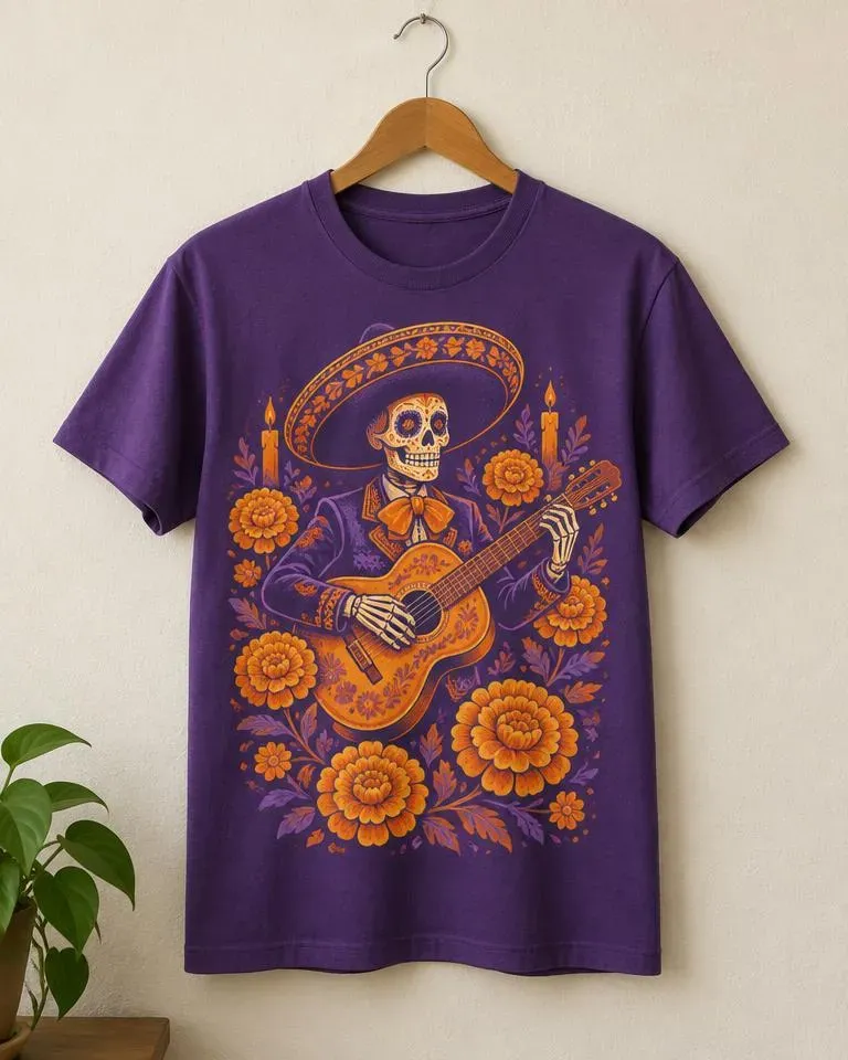 Playera con diseño: Mariachi en naranja y morado